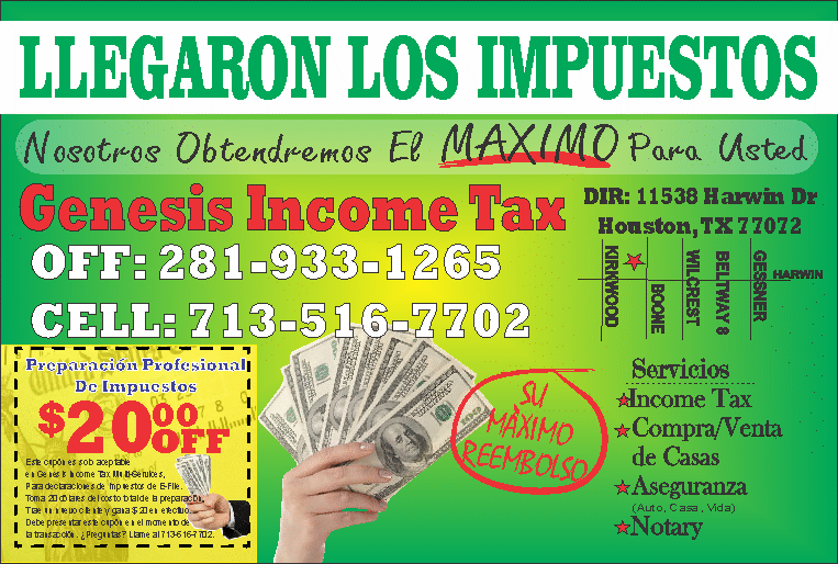 Genesis Income Tax and Multi-Services | 11538 Harwin Dr, Houston, TX 77072, USA | Phone: (281) 933-1265