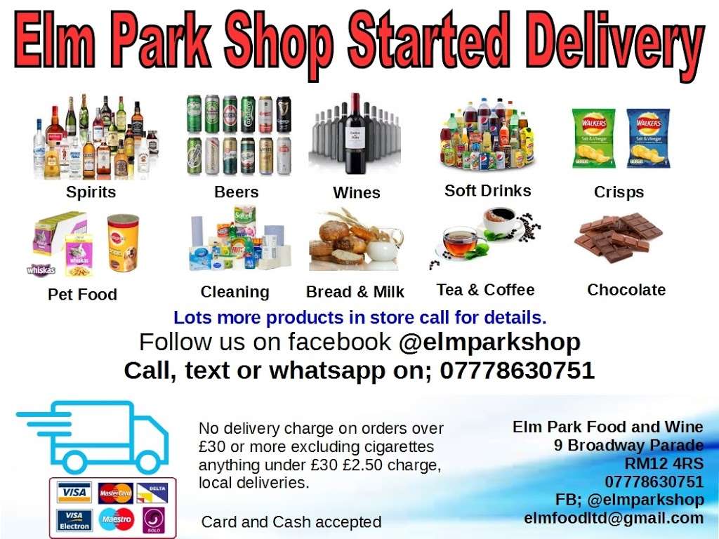 Elm Park Food and Wine Delivery | 9 Broadway Parade, Romford, Hornchurch RM12 4RS, UK | Phone: 07778 630751