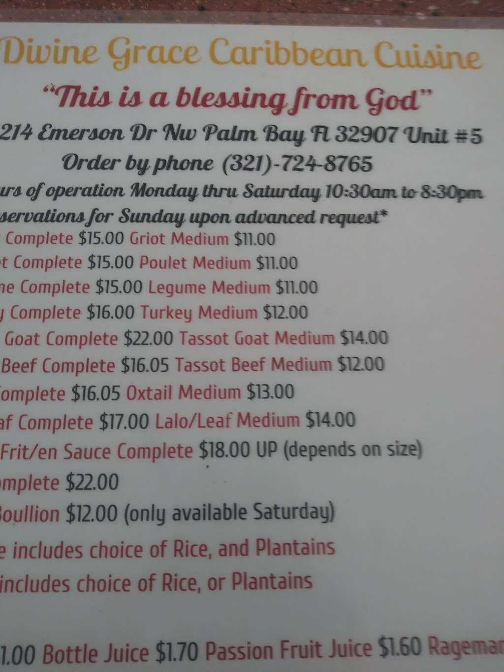 Divine Grace Caribbean Restaurant | 214 Emerson Dr NW, Palm Bay, FL 32907, USA | Phone: (321) 724-8765