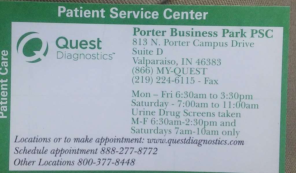 Quest Diagnostics Porter Business Park | 813 N Porter Campus Drive, Valparaiso, IN 46383, USA | Phone: (219) 224-6114