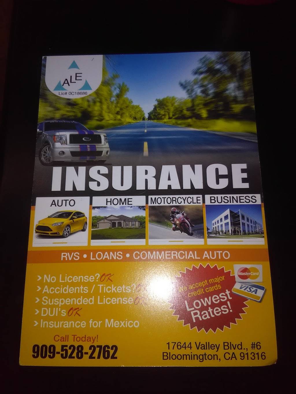 A.L.E INSURANCE SERVICES | 17644 Valley Blvd #6, Bloomington, CA 92316, USA | Phone: (909) 254-5716