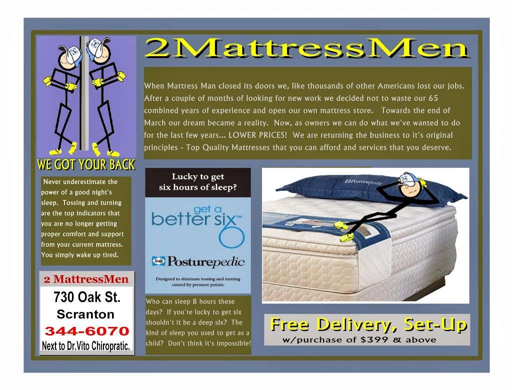 Two Mattress Men | 730 Oak St, Scranton, PA 18508, USA | Phone: (570) 344-6070