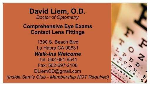 Dr David Liem Optometry - Inside Sams Club | 6374, 1390 S Beach Blvd, La Habra, CA 90631 | Phone: (562) 691-9541