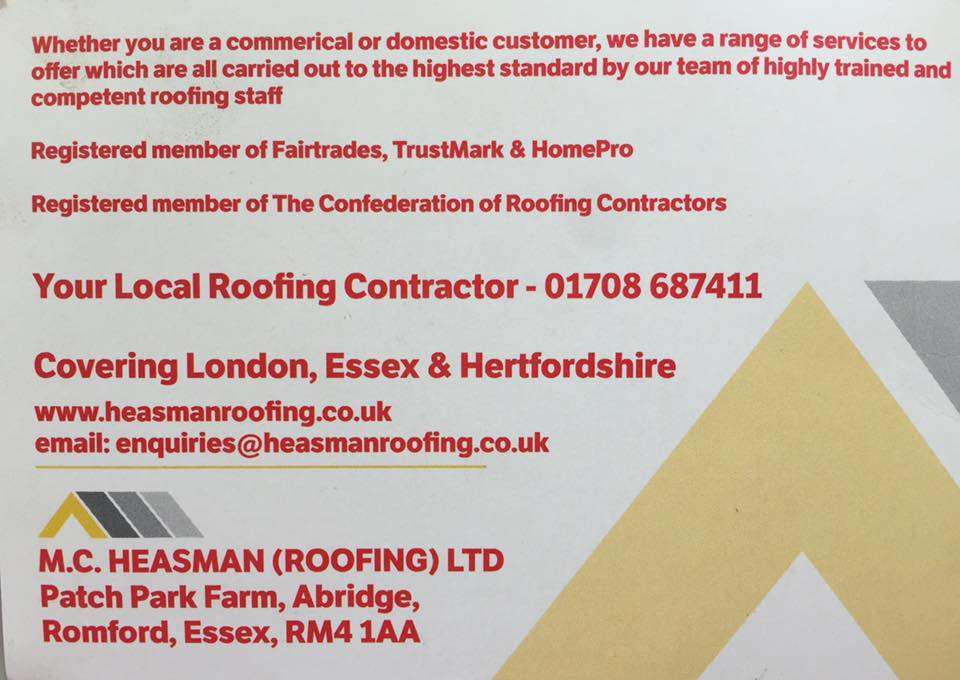 M.C. Heasman (Roofing) Ltd | Patch Park Farm, Ongar Rd, Abridge, Romford RM4 1AA, UK | Phone: 01708 687411