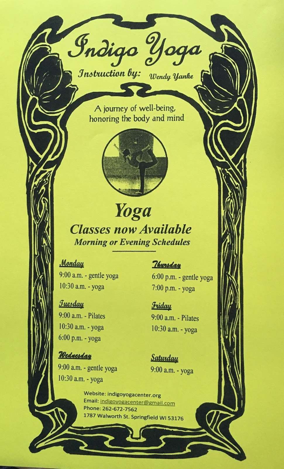 Indigo Yoga Center | 1787 Walworth St, Springfield, WI 53176, USA | Phone: (262) 325-4172