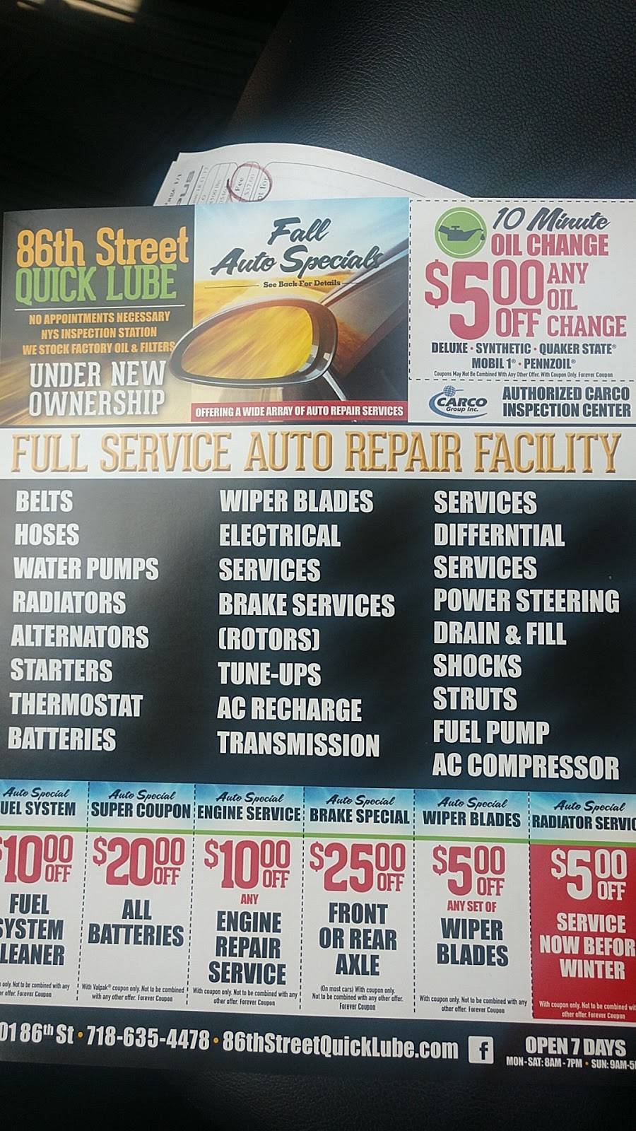 86 St Quick Lube Center Inc | 1601 86th St, Brooklyn, NY 11214 | Phone: (718) 635-4478