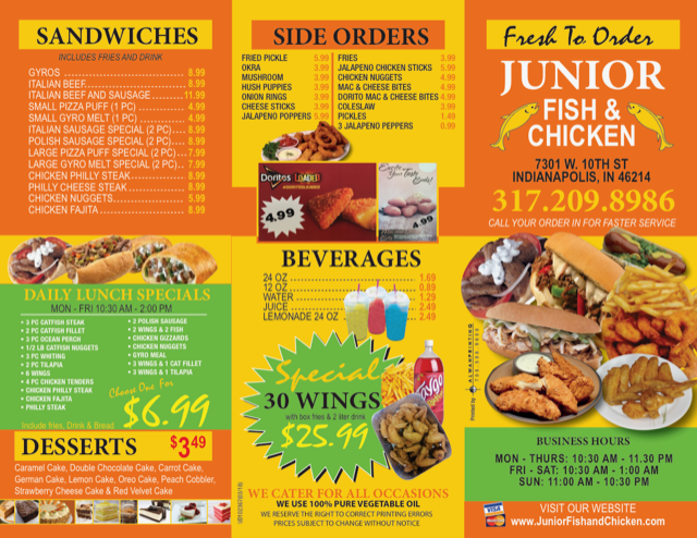 Junior Fish & Chicken | 7301 W 10th St, Indianapolis, IN 46214, USA | Phone: (317) 209-8986