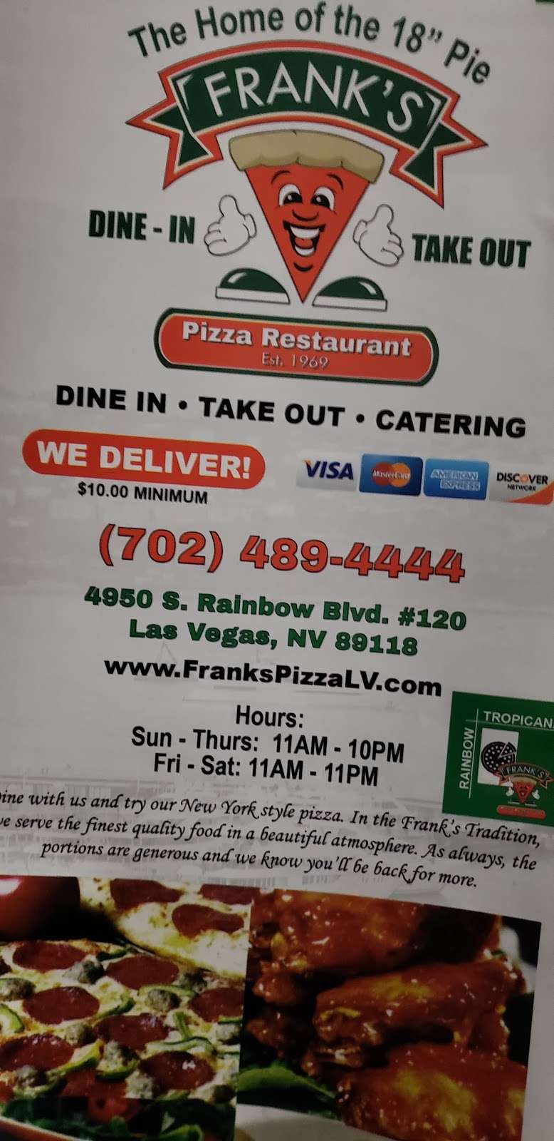 Franks Pizza Restaurant | 4950 S Rainbow Blvd, Las Vegas, NV 89118, USA | Phone: (702) 489-4444