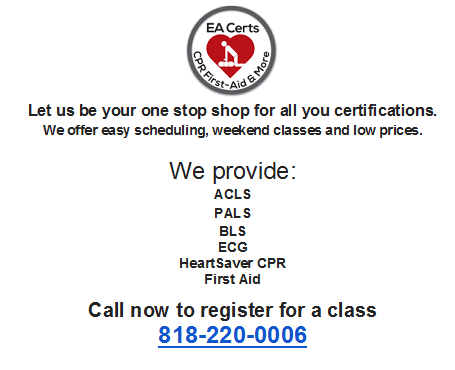 EA Certs - ACLS PALS BLS CPR First Aid | 1528 Canada Blvd #205, Glendale, CA 91208 | Phone: (818) 220-0006