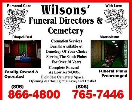Wilsons Funeral Directors & Cemetery | 920 Hwy 62-82, Wolfforth, TX 79382, USA | Phone: (806) 866-4800
