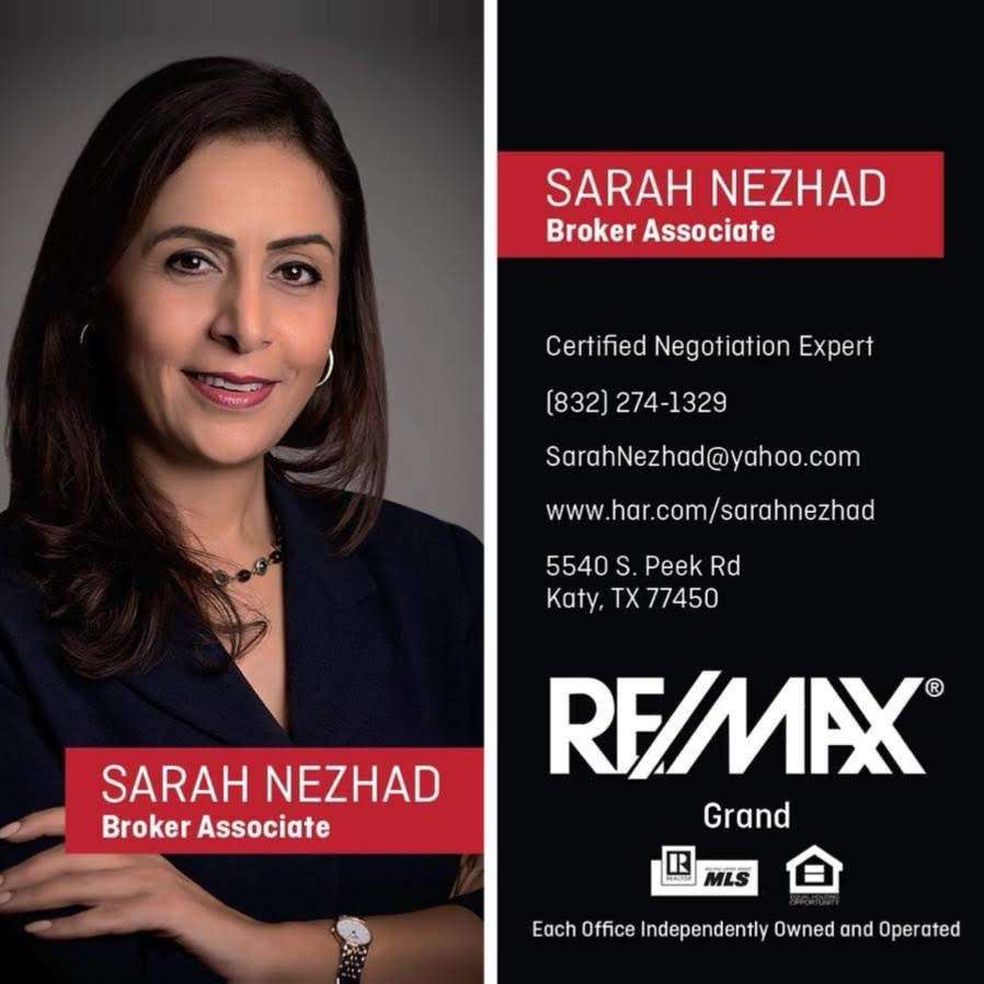 Sarah Nezhad-Real Estate Broker, Katy, TX, Re/Max Grand | 5540 S Peek Rd, Katy, TX 77450, USA | Phone: (832) 274-1329