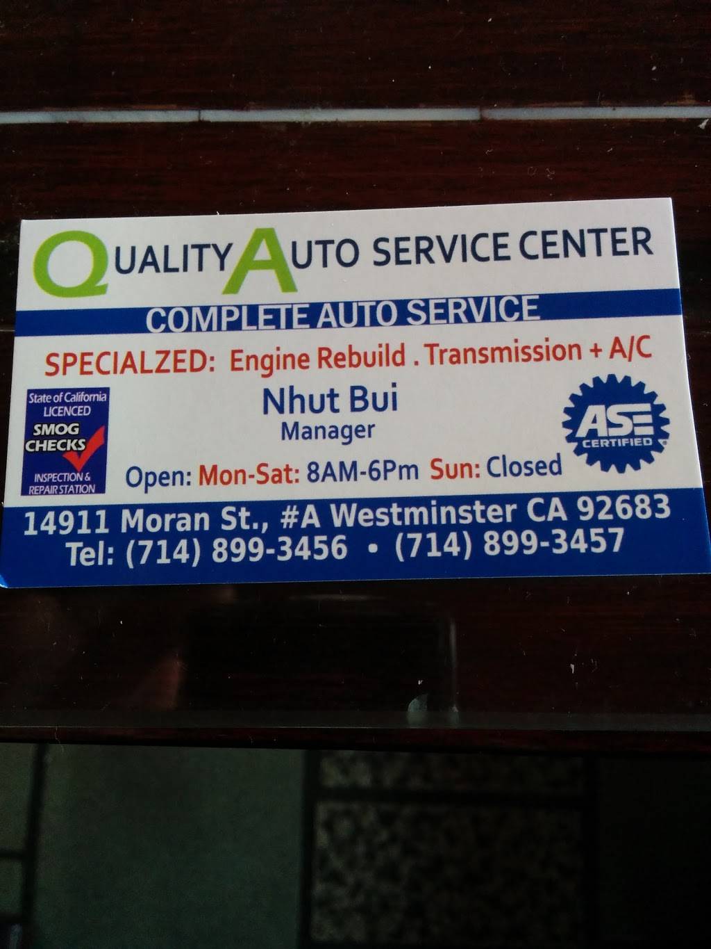 Quality Auto Services Center | 14911 Moran St A, Westminster, CA 92683, USA | Phone: (714) 899-3456