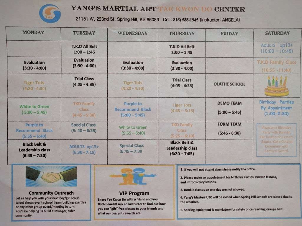 Yang Masters United Taekwondo Center of Spring Hill | 21181 W 223rd St, Spring Hill, KS 66083, USA | Phone: (816) 588-1945