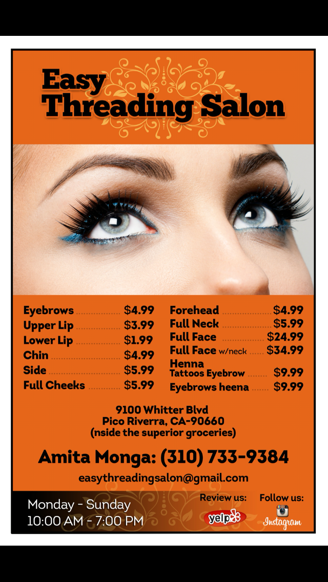 Easy Threading Salon | 9100 Whittier Blvd, Pico Rivera, CA 90660 | Phone: (310) 733-9384