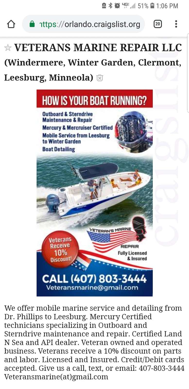 Veterans Marine Repair LLC | 10802 E Revels Rd, Howey-In-The-Hills, FL 34737, USA | Phone: (407) 803-3444