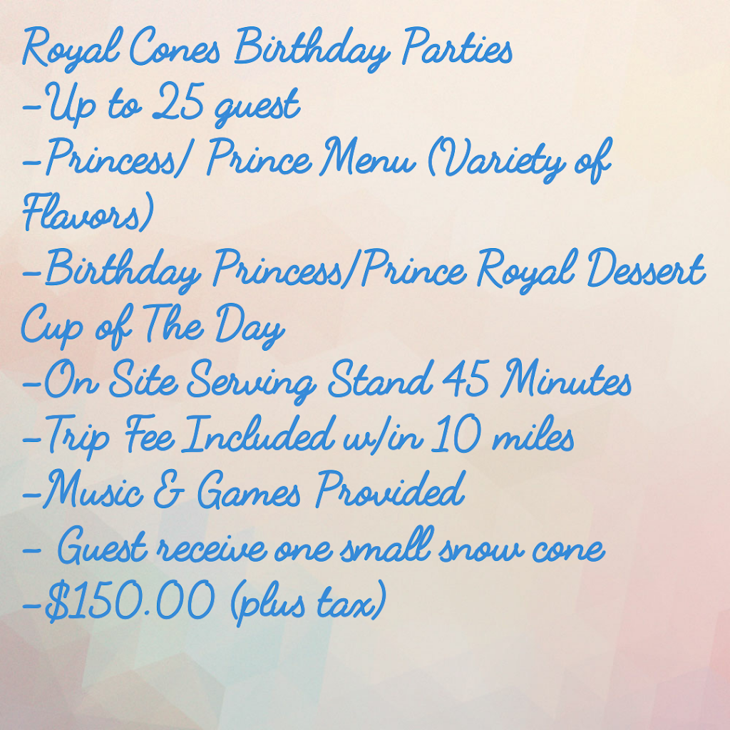 Royal Cones | Lot D-6, 1620 Peach Leaf St, Houston, TX 77039, USA | Phone: (832) 609-9624