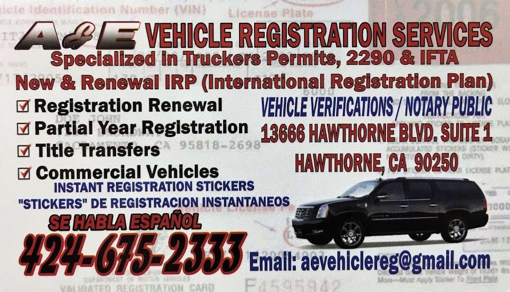 A&E Vehicle Registration Service | 13666 Hawthorne Blvd Ste. 1, Hawthorne, CA 90250, USA | Phone: (424) 675-2333