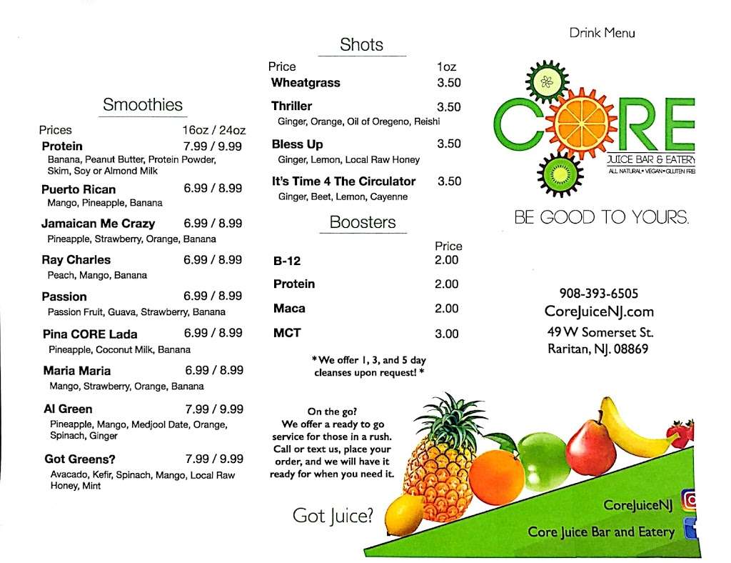 Core Juice Bar And Eatery | 2089, 49 W Somerset St, Raritan, NJ 08869, USA | Phone: (908) 393-6505