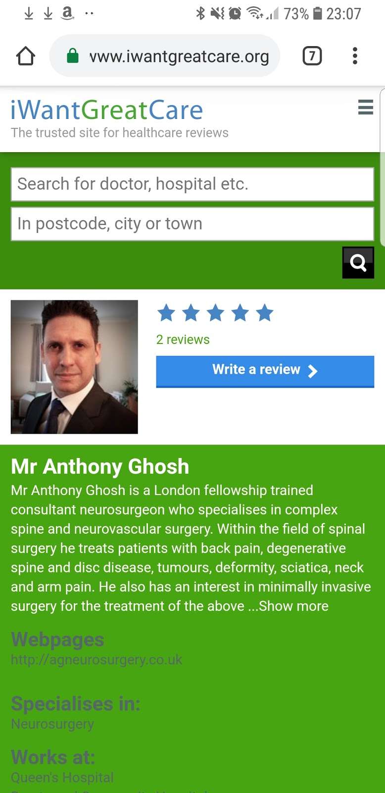 Mr Anthony Ghosh FRCS, Consultant Neurosurgeon & Spine Surgeon | BMI Chelsfield Park Hospital Chelsfield, Orpington, Chelsfield, Orpington BR6 7RG, UK | Phone: 07901 976734