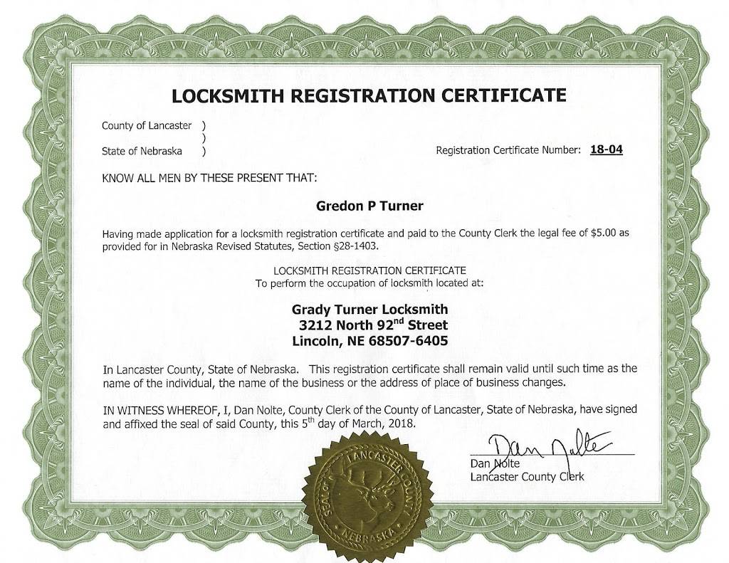 Grady Turner Locksmith | 3212 N 92nd St, Lincoln, NE 68507, USA | Phone: (402) 450-1849