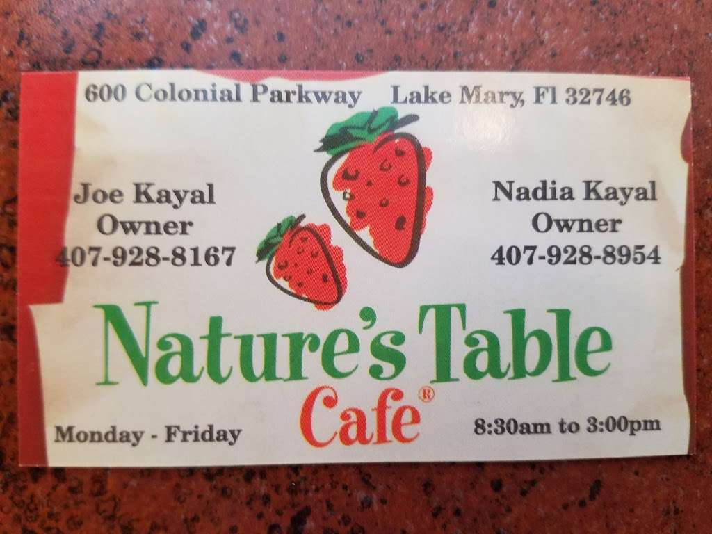 Natures Table Cafe | 600 Colonial Center Pkwy, Lake Mary, FL 32746, USA | Phone: (407) 444-2260