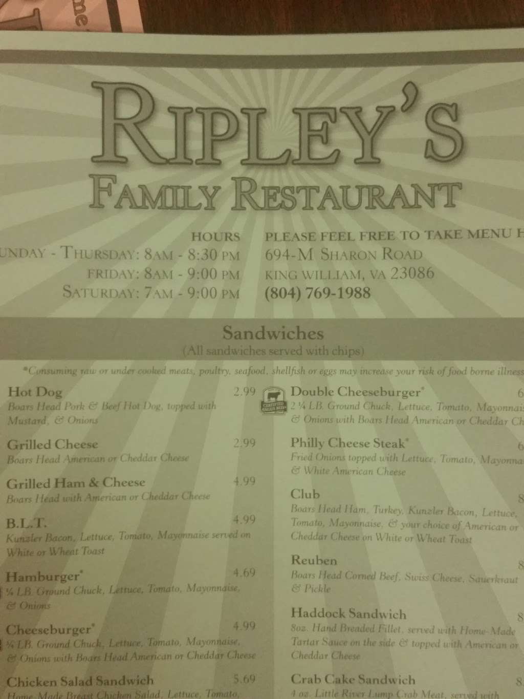 Ripley’s Family Restaurant | 694-M, Sharon Rd, King William, VA 23086, USA | Phone: (804) 769-1988