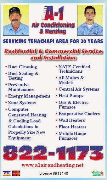 A-1 Air and Heating | 18861 Pellisier Rd, Tehachapi, CA 93561, USA | Phone: (661) 822-1173