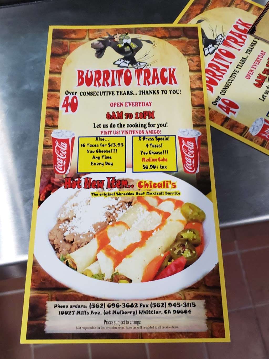 Burrito Track | 10027 Mills Ave, Whittier, CA 90604 | Phone: (562) 696-3682