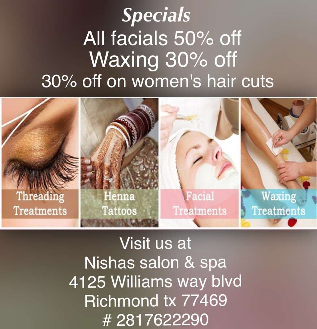 Nishas Salon & Spa - Hair Removal, Hair Treatments Salon, Bridal | 4125 Williams Way Blvd #110, Richmond, TX 77469, USA | Phone: (281) 762-2290