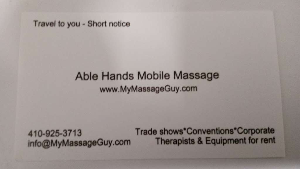 Able Hands Mobile Massage, INC. | PO Box 108, Glyndon, MD 21071 | Phone: (410) 925-3713