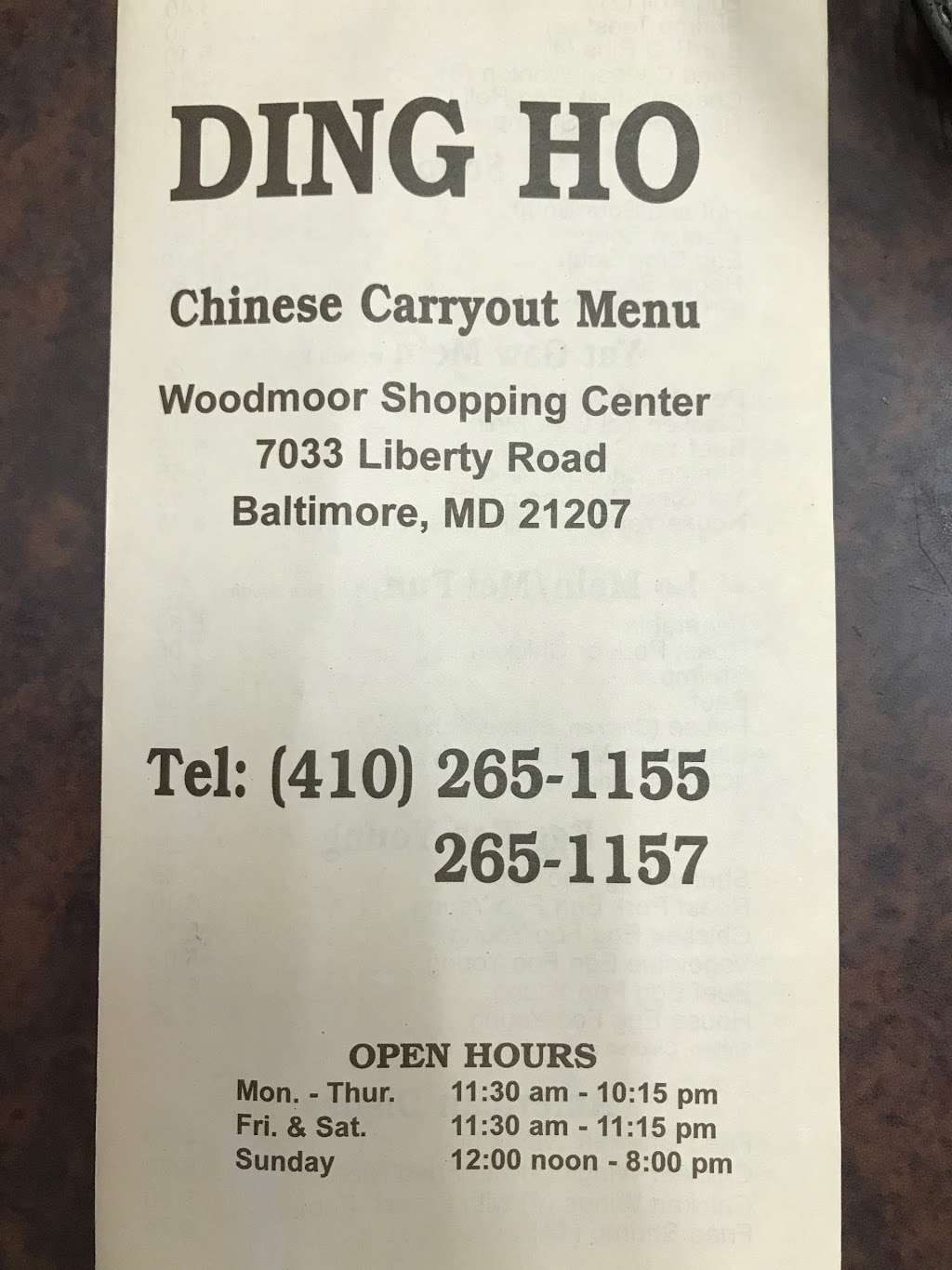 Ding Ho Carry Out | 7033 Liberty Rd, Gwynn Oak, MD 21207, USA | Phone: (410) 265-1155