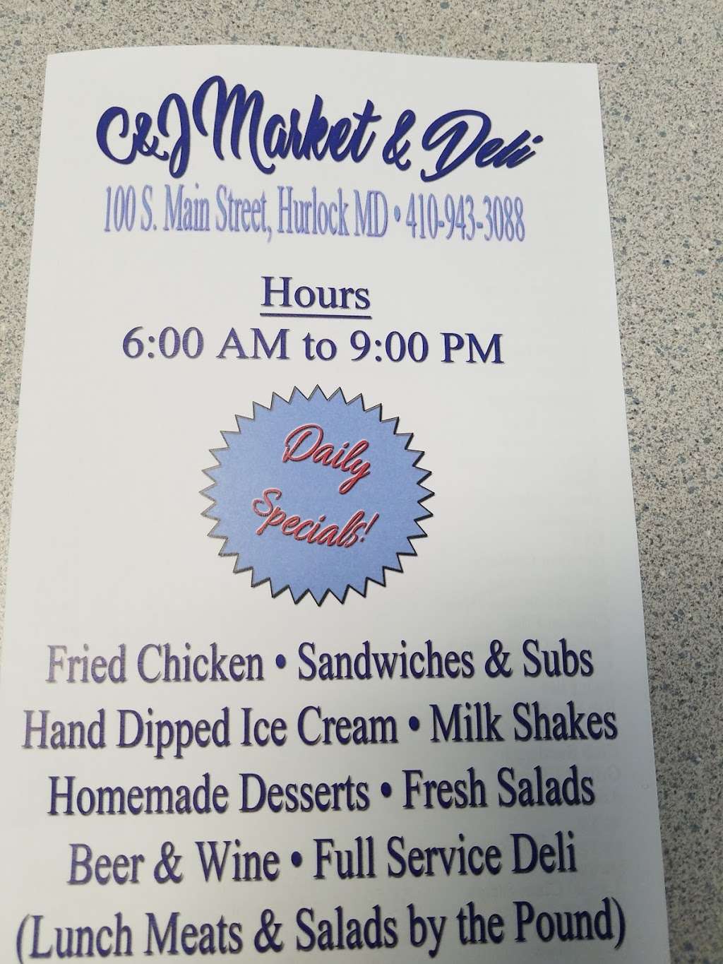 C & J MARKET & DELI | 100 S Main St, Hurlock, MD 21632, USA | Phone: (410) 943-3088