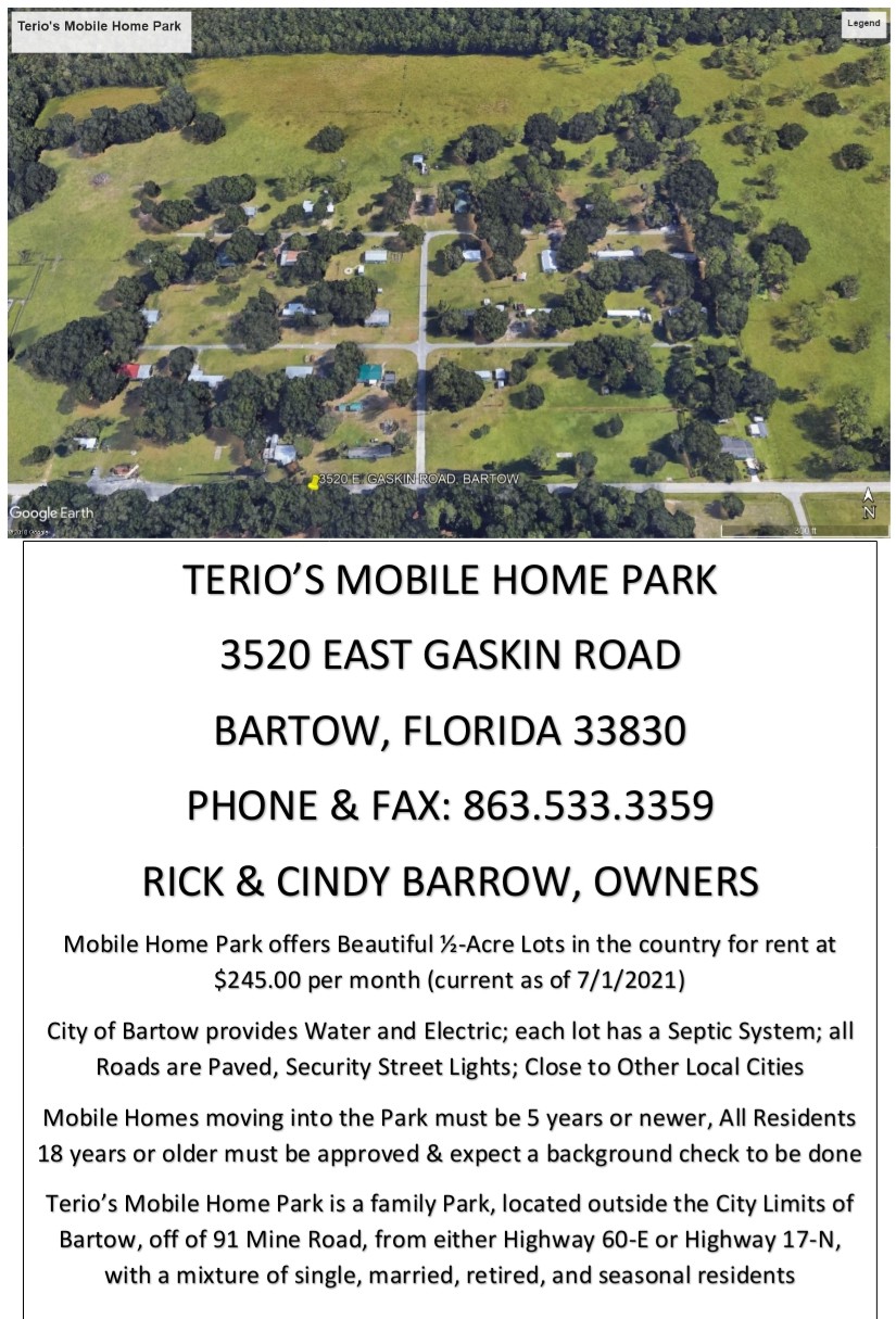 Terios Mobile Home Park | 3520 E Gaskins Rd Lot #1, Bartow, FL 33830, USA | Phone: (863) 533-3359
