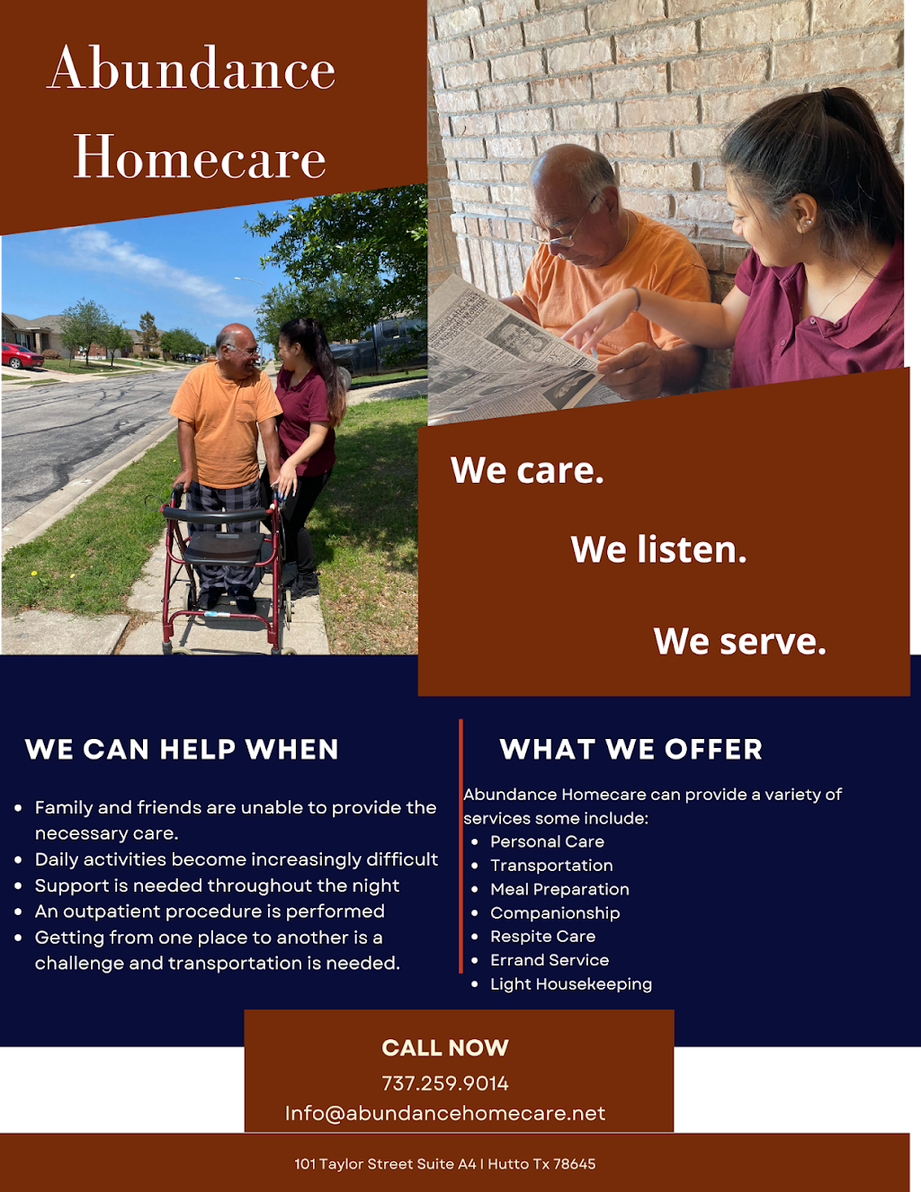 Abundance Home Care | 101 Taylor St, Hutto, TX 78634, USA | Phone: (737) 259-9014