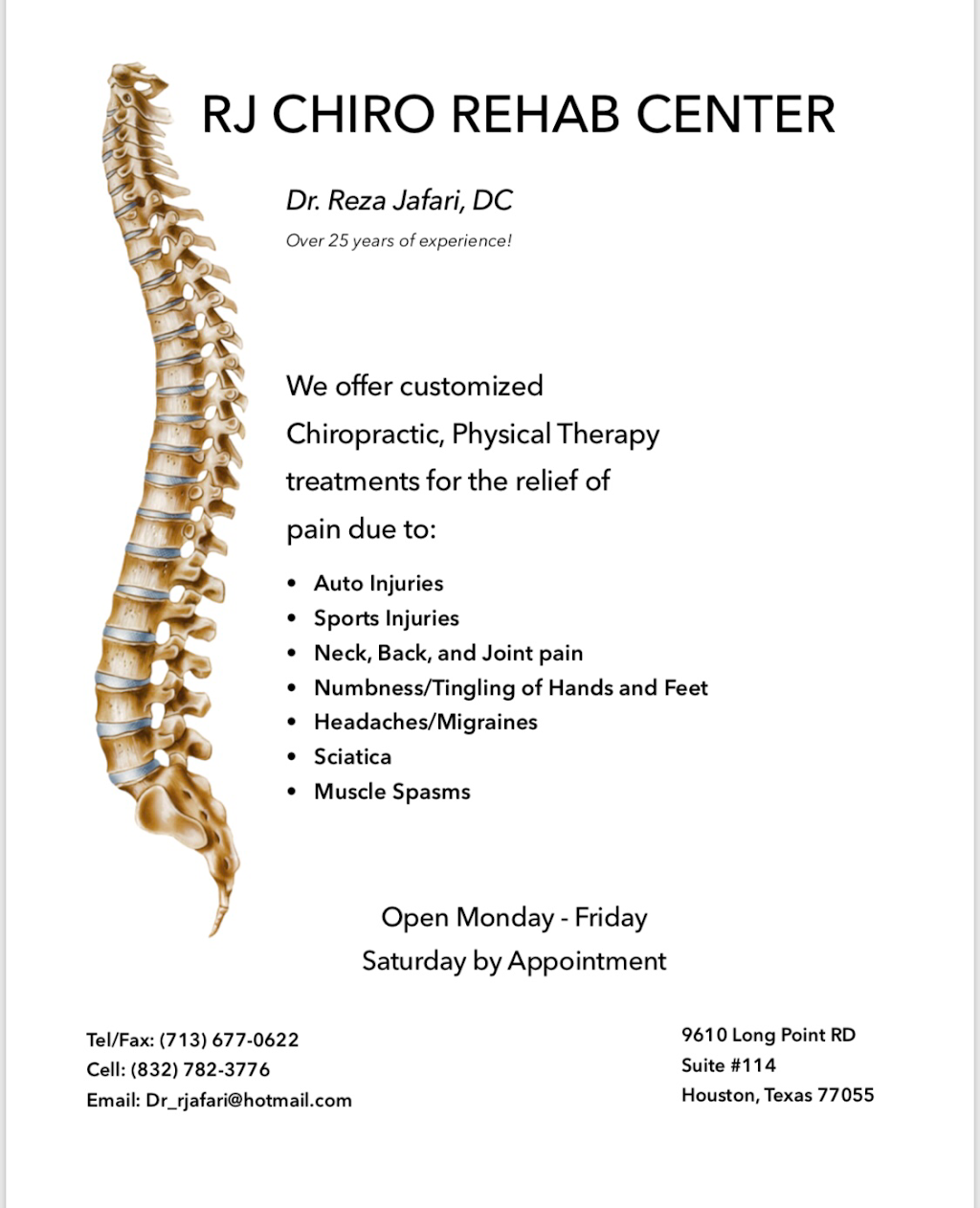 RJ Chiro Rehab Center, Dr. Reza Jafari | 9610 Long Point Rd Suite #114, Houston, TX 77055, USA | Phone: (713) 677-0622