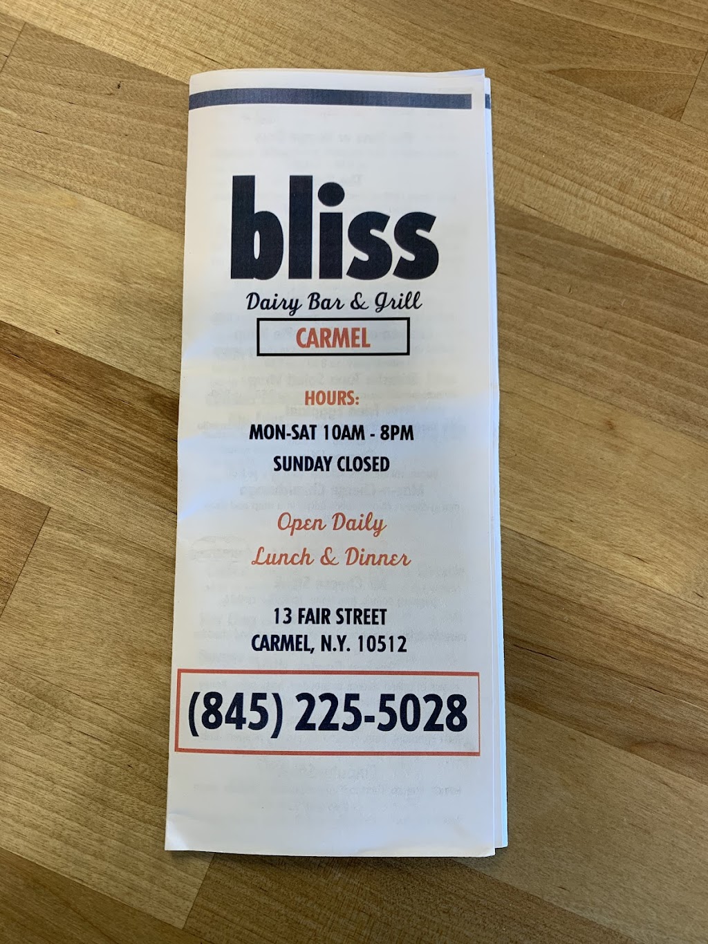 Bliss Dairy Bar & Grill | 13 Fair St, Carmel Hamlet, NY 10512, USA | Phone: (845) 225-5028