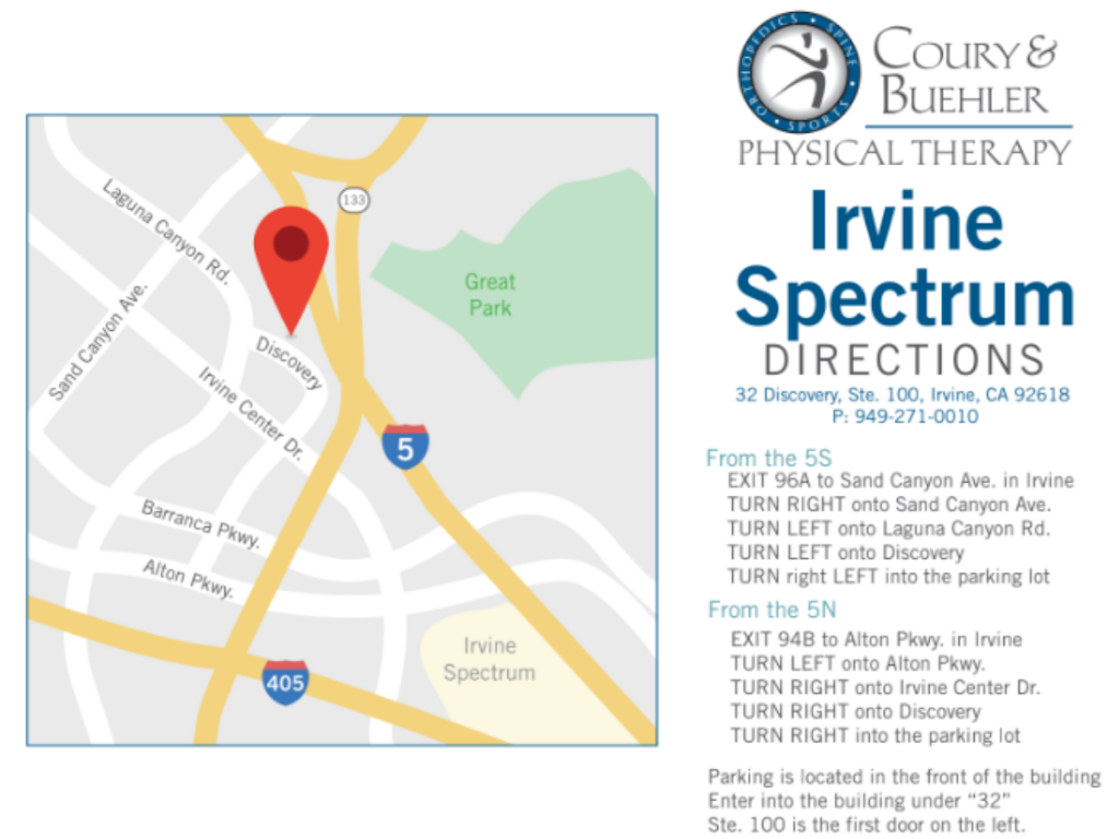 Coury & Buehler Physical Therapy | 32 Discovery Ste. 100, Irvine, CA 92618, USA | Phone: (949) 271-0010