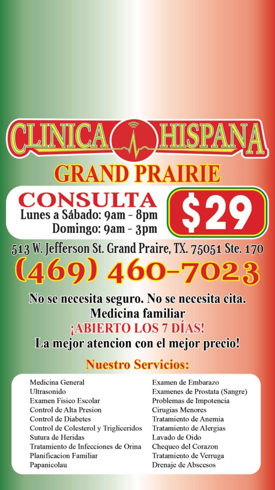 Clinica Hispana Grand Prairie | 513 W Jefferson St, Grand Prairie, TX 75051, USA | Phone: (469) 460-7023