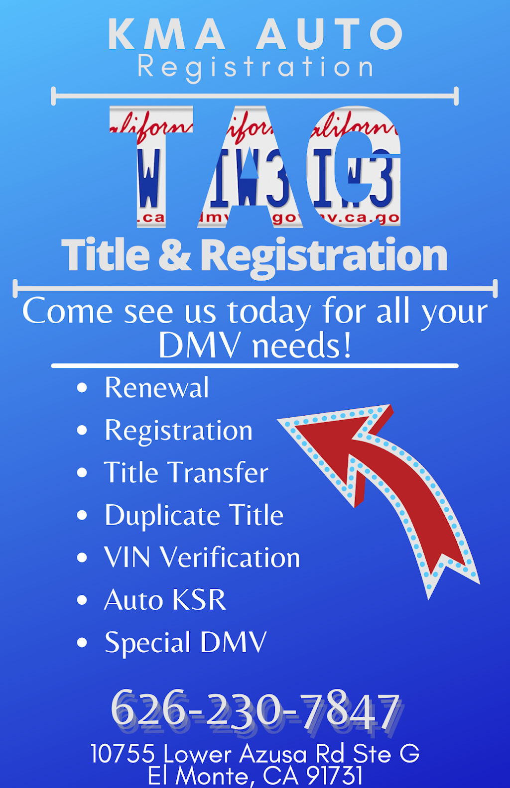 Kma Auto Registration | 10755 Lower Azusa Rd #G, El Monte, CA 91731, USA | Phone: (626) 230-7847