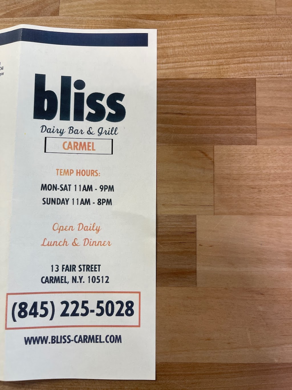 Bliss Dairy Bar & Grill | 13 Fair St, Carmel Hamlet, NY 10512, USA | Phone: (845) 225-5028