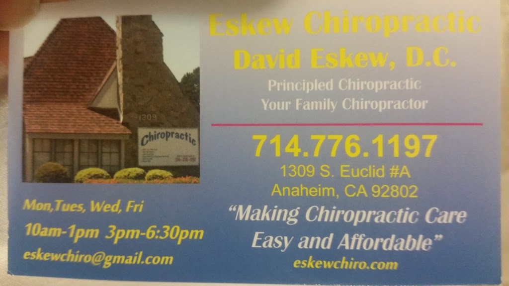 Eskew Chiropractic | 1309 S Euclid St Suite A, Anaheim, CA 92802, USA | Phone: (714) 776-1197