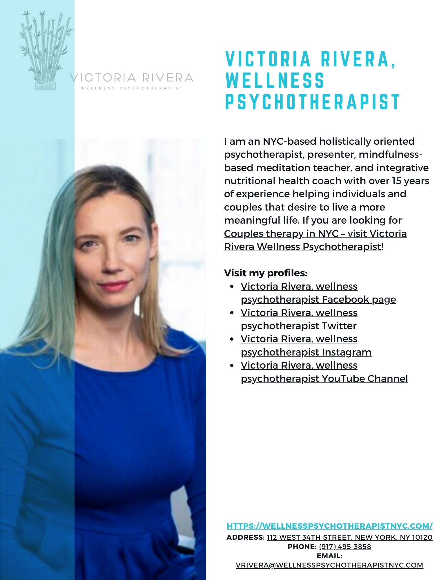 Victoria Rivera, wellness psychotherapist | 112 West 34th Street New York, NY 10120,United States | Phone: (917) 495-3858