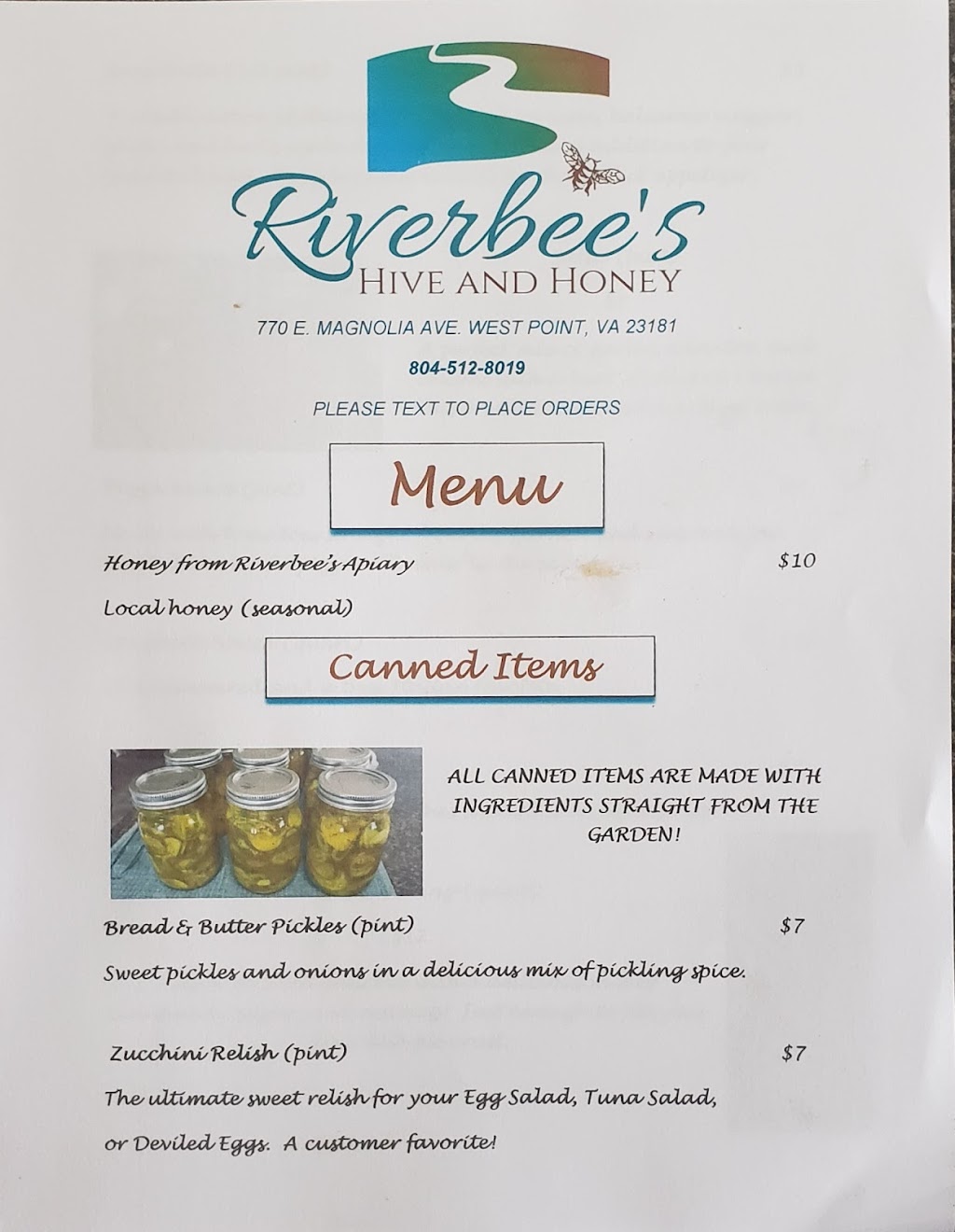 Riverbees Hive and Honey | 770 E Magnolia Ave, West Point, VA 23181, USA | Phone: (804) 512-8019