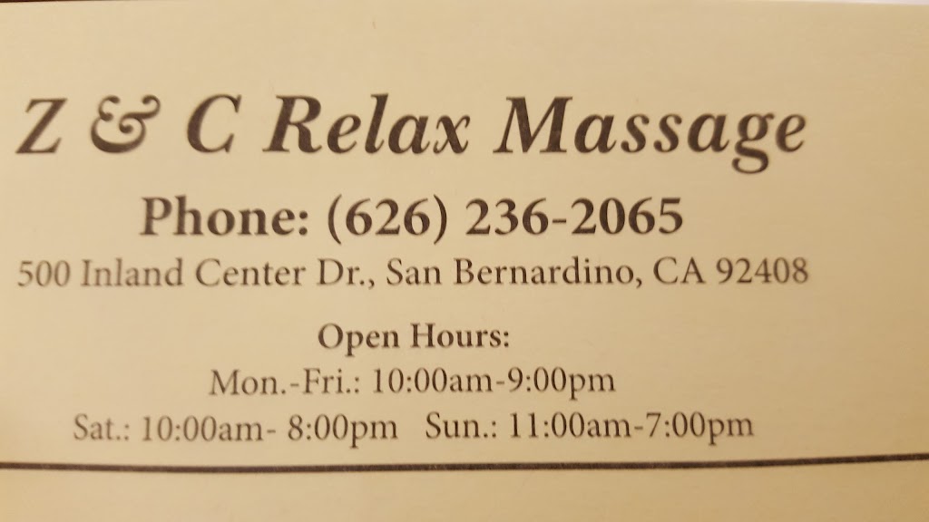 Z&C Relax Massage | 500 Inland Center Dr, San Bernardino, CA 92408, USA | Phone: (626) 236-2065