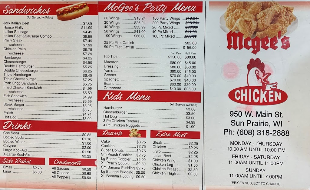 McGee’s Chicken | 950 W Main St, Sun Prairie, WI 53590 | Phone: (608) 318-2888