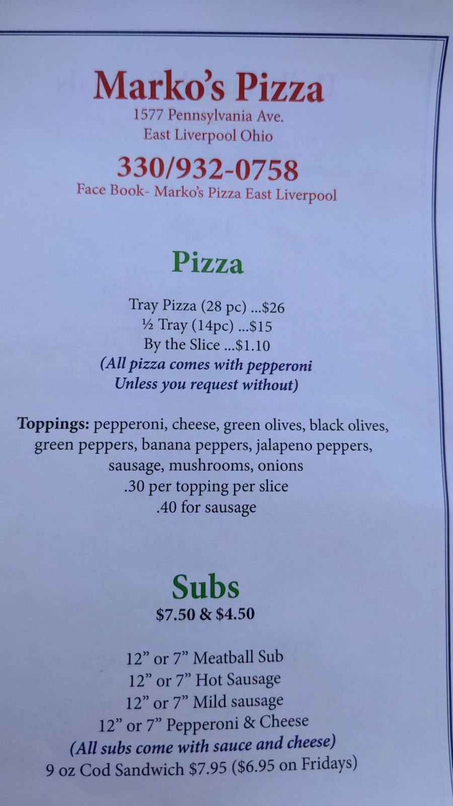 Markos Pizza | 1577 Pennsylvania Ave, East Liverpool, OH 43920, USA | Phone: (330) 932-0758