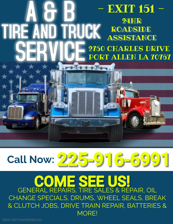 A &B Tire And Truck Service llc | 2750 Charles Dr, Port Allen, LA 70767, USA | Phone: (225) 916-6991 A &B Tire And Truck Service llc | 2750 Charles Dr, Port Allen, LA 70767, USA | Phone: (225) 916-6991