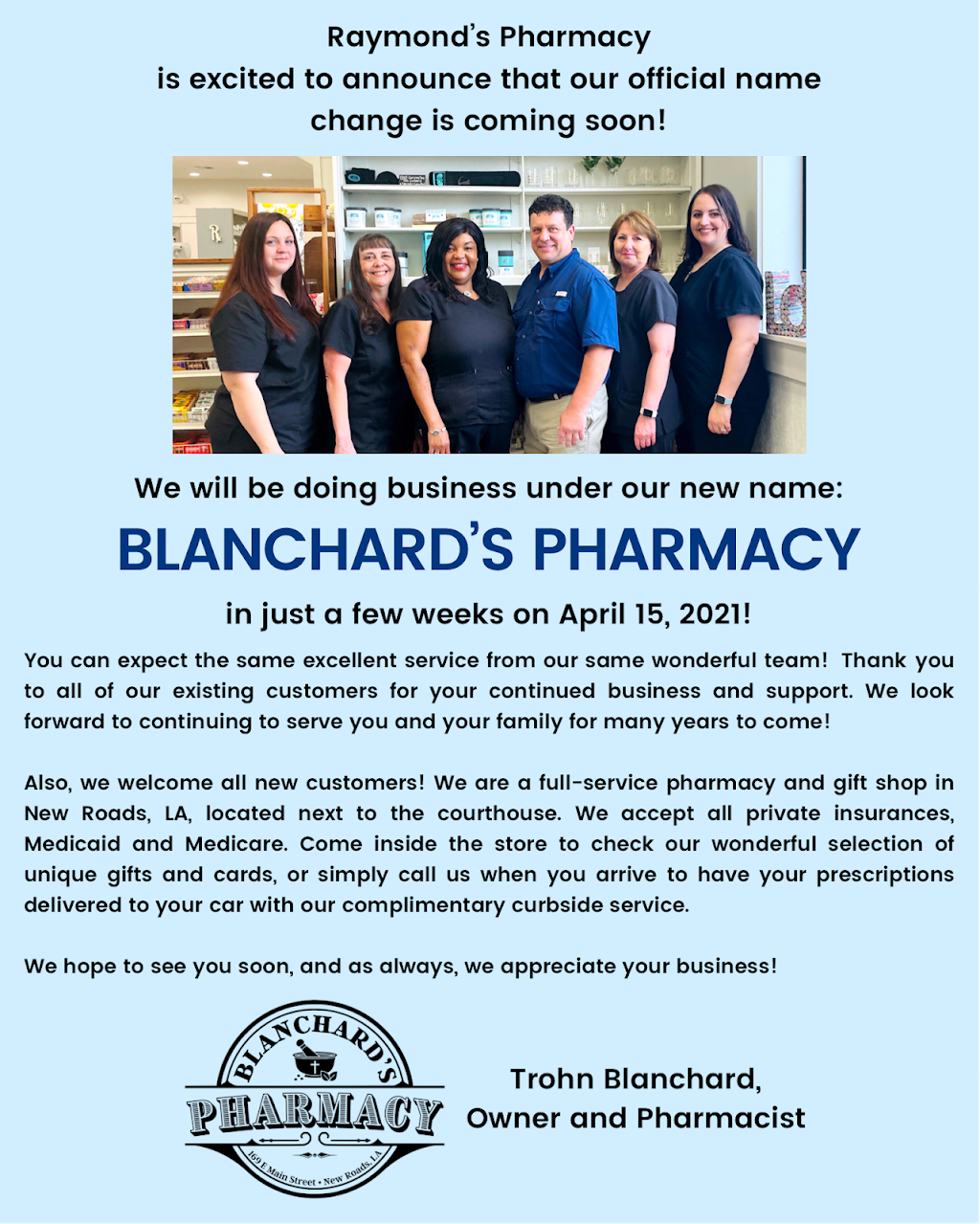 Blanchards Pharmacy | 169 E Main St, New Roads, LA 70760, USA | Phone: (225) 638-7550