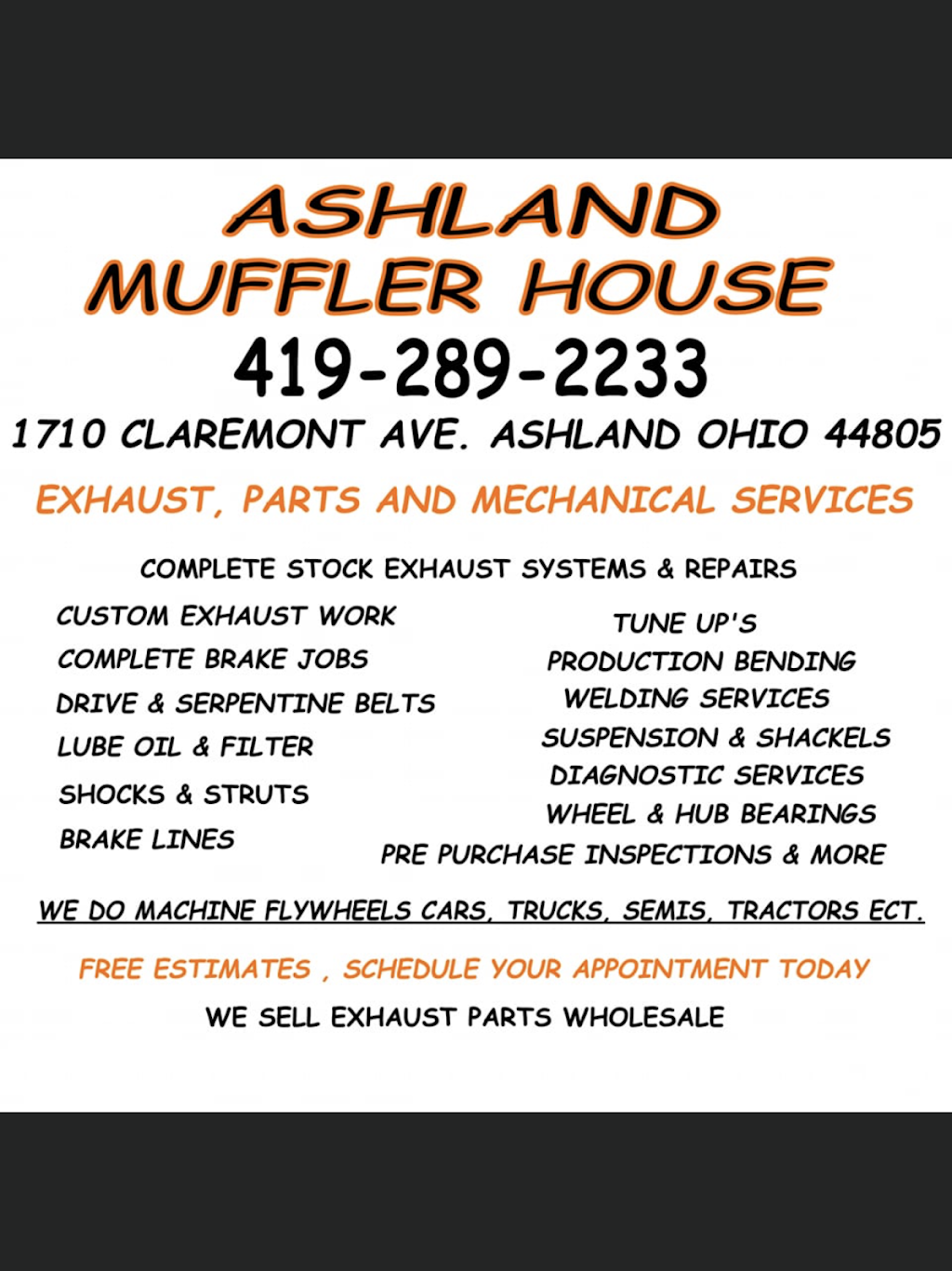 Ashland Muffler House | 1710 Claremont Ave, Ashland, OH 44805, USA | Phone: (419) 289-2233