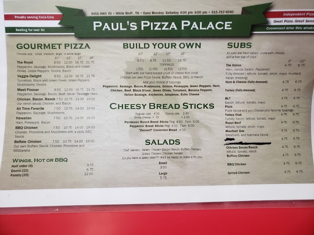 Pauls Pizza Palace | 4451 US-70, White Bluff, TN 37187, USA | Phone: (615) 797-4040